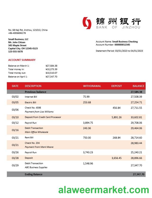Bank of Jinzhou organization account statement Word and PDF template